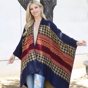 Stunning Boho Poncho Ruana Wrap Cape Red Blue Tan/beige multi plaid